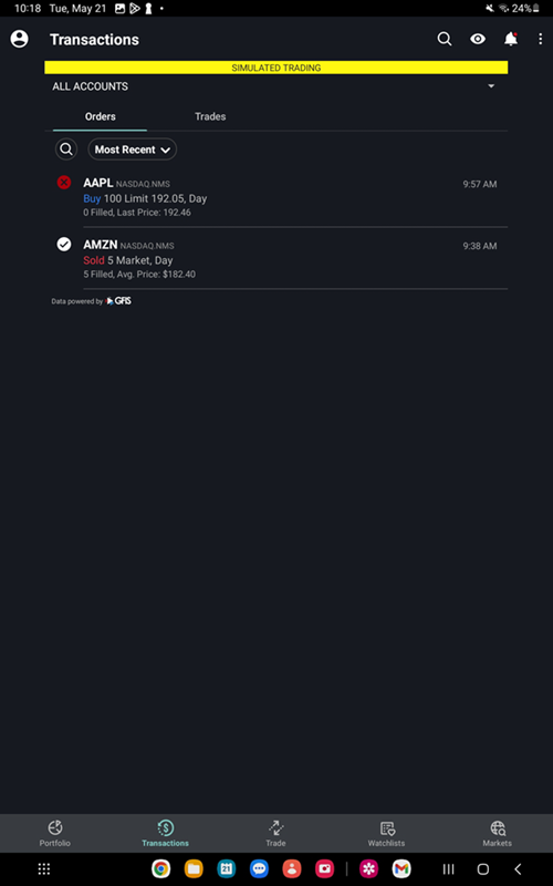 The orders & trades window on the Android Tablet